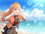  1girl :d antenna_hair arisugawa_natsuha bangs black_dress blue_sky blush brown_eyes clouds collarbone dress eyebrows_visible_through_hair halterneck idolmaster idolmaster_shiny_colors jacket long_hair ocean open_clothes open_jacket open_mouth orange_hair outdoors ponntatta red_jacket ribbed_dress short_sleeves sky smile solo sunlight water 