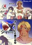  1girl 2boys bangs bara beowulf_(fate/grand_order) blonde_hair buster_shirt chest facial_hair fate/grand_order fate_(series) fujimaru_ritsuka_(male) goatee holding_another&#039;s_arm horror_(theme) male_focus manly mash_kyrielight multiple_boys muscle nipples pectorals red_eyes scar tattoo translation_request upper_body yamanome 