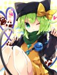  1girl :3 alternate_costume animal_ears animal_hat black_headwear black_jacket bow buttons cat_ears cat_hat cat_tail closed_mouth commentary diamond_button green_eyes green_hair green_scarf hair_between_eyes hat hat_bow heart heart_of_string highres jacket kemonomimi_mode komeiji_koishi long_sleeves looking_at_viewer nikorashi-ka one-hour_drawing_challenge one_eye_closed open_clothes open_jacket paw_print scarf shirt short_hair solo tail third_eye touhou yellow_bow yellow_shirt 