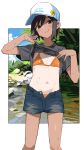  1girl :q badge baseball_cap bikini bikini_under_clothes black_hair blush brown_eyes button_badge dark_skin feet_out_of_frame flat_chest hat head_tilt highres lifted_by_self looking_at_viewer nature navel one-piece_tan open_fly orange_bikini original outside_border pale_skin pond rock shirt shirt_lift shisoneri short_hair short_sleeves shorts solo swimsuit t-shirt tan tanline tomboy tongue tongue_out tree twitter_username water wet 