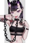  1girl bangs bare_shoulders black_choker black_hair black_nails black_shirt black_tank_top blunt_bangs breasts chain choker collarbone crop_top ear_piercing earrings eyebrows_visible_through_hair eyelashes eyeliner eyeshadow fangs fate/grand_order fate_(series) fingernails flower_tattoo gradient_hair halter_top halterneck hand_to_own_mouth hands_up highres horns jewelry looking_at_viewer makeup mascara multicolored_hair nail_polish navel navel_piercing oni oni_horns open_mouth piercing pulled_by_self purple_hair ram_(ramlabo) ring shirt short_eyebrows shuten_douji_(fate/grand_order) skin-covered_horns small_breasts solo spaghetti_strap strap_pull stud_earrings studded_choker tank_top tattoo thick_eyebrows tongue tongue_out tongue_piercing two-tone_hair upper_body violet_eyes wristlet 