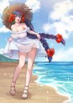  1girl bangs bare_shoulders beach blue_eyes blue_hair blush braid breasts clouds day dress eleszaykr eyebrows_visible_through_hair flower full_body hair_flower hair_ornament hat highres large_breasts last_origin long_hair looking_at_viewer low-tied_long_hair low_twin_braids oberonia_rhea open_mouth outdoors sandals skirt_hold smile solo sun_hat sundress twin_braids very_long_hair white_dress 