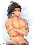  1boy abs artist_name bangs black_hair brown_eyes brown_ribbon chest collarbone commentary_request crossed_arms facial_hair final_fantasy final_fantasy_xiv fur_trim hair_ribbon hien_(ffxiv) looking_at_viewer male_focus muscle navel pectorals ponytail ribbon scar smile solo topless torakichi_(ebitendon) v-shaped_eyebrows 