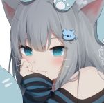  1girl amashiro_natsuki animal_ears bangs bare_shoulders blue_background blue_eyes blush cat_ears closed_mouth commentary drawn_whiskers eyebrows_behind_hair fang fang_out grey_hair hair_between_eyes hair_ornament hand_up long_hair long_sleeves looking_at_viewer nacho_(amashiro_natsuki) off-shoulder_shirt off_shoulder original shirt sleeves_past_wrists smile solo striped striped_shirt symbol_commentary upper_body white_background 