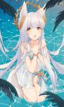  1girl animal_ear_fluff animal_ears arknights bandeau bangs bare_arms bare_shoulders bikini brown_eyes commentary criss-cross_halter grey_bikini halterneck hands_up laurel_crown long_hair looking_at_viewer open_mouth owenhiruno own_hands_together platinum_(arknights) seiza silver_hair sitting solo swimsuit tail thighs very_long_hair water 