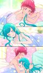  2girls blue_eyes blue_hair blue_tank_top collarbone couple hagoromo_lala hair_down highres hoshina_hikaru hug juugoya_neko long_hair lying mouth_hold multiple_girls on_side on_stomach precure red_eyes redhead shiny shiny_hair short_hair sleeveless split_screen star_twinkle_precure tank_top under_covers upper_body very_long_hair white_tank_top yuri 