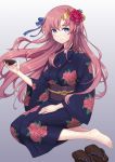  1girl absurdres alcohol blue_eyes flower footwear_removed geta gundam gundam_seed gundam_seed_destiny hair_flower hair_ornament hair_ribbon highres japanese_clothes jewelry kimono lacus_clyne looking_at_viewer pink_hair ribbon ring sake sitting smile yukata yunkaiming 