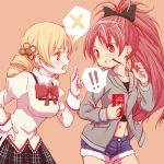  ! !! 2girls black_bow black_skirt blonde_hair blue_shorts bow bowtie clenched_teeth denim denim_shorts drill_hair food green_jacket hair_bow jacket long_hair long_sleeves looking_at_another mahou_shoujo_madoka_magica mouth_hold multiple_girls navel orange_background plaid plaid_skirt pocky ponytail red_eyes red_neckwear redhead renji_(orange_ize) sakura_kyouko school_uniform short_hair shorts simple_background skirt spoken_exclamation_mark spoken_x teeth tomoe_mami twin_drills yellow_eyes 