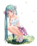  1girl aqua_hair bare_shoulders blue_eyes cheek_rest collarbone commentary flower frilled_shirt frills full_body grass hair_ornament hand_on_own_cheek hatsune_miku high_heels long_hair looking_at_viewer miniskirt nanashi_(74_nanashi) off-shoulder_shirt off_shoulder outdoors pink_skirt plaid plaid_skirt shirt skirt sleeveless sleeveless_shirt smile solo squatting twintails very_long_hair vocaloid white_background white_footwear white_shirt 