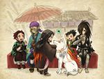  2girls 3boys amaterasu bandana barefoot black_hair blonde_hair bow dororo_(character) dororo_(tezuka) geta hair_bow hair_over_one_eye hyakkimaru_(dororo) japanese_clothes kamado_nezuko kamado_tanjirou kimetsu_no_yaiba kimono kusuriuri_(mononoke) long_hair long_sleeves mononoke multicolored_hair multiple_boys multiple_girls ookami_(game) open_mouth orange_hair pink_bow pointy_ears ponytail purple_bandana sandals sayoyonsayoyo short_hair sitting sword two-tone_hair weapon wide_sleeves wolf 