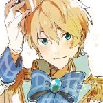  1boy aqua_eyes blonde_hair blush bow bowtie brooch closed_mouth commentary_request crown gloves hair_between_eyes heart highres holostars jewelry kishido_temma long_sleeves looking_at_viewer male_focus short_hair sketch smile solo translation_request virtual_youtuber white_gloves yufu_toyomimasu 