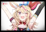  1girl ;d animal_ear_fluff animal_ears arm_strap armpits arms_up bangs bare_shoulders black_hair blonde_hair blue_bow blush bow braid breasts elbow_gloves eyebrows_visible_through_hair fox_ears fox_girl gloves hair_between_eyes hair_bow hair_ornament hat heart hololive jester_cap long_hair medium_breasts multicolored_hair omaru_polka one_eye_closed open_mouth pink_hair recording red_neckwear side_braid sidelocks single_elbow_glove smile solo spade_(shape) star_(symbol) star_in_eye streaked_hair symbol_in_eye tomari_(veryberry00) viewfinder violet_eyes virtual_youtuber 