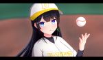  1girl absence0433 absurdres bangs baseball baseball_cap baseball_uniform black_hair blue_eyes hat highres looking_to_the_side nijisanji solo sportswear tsukino_mito virtual_youtuber 