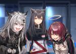  3girls ^_^ animal_ear_fluff animal_ears arknights bangs black_hair black_jacket breasts brown_eyes closed_eyes exusiai_(arknights) eyebrows_visible_through_hair fingerless_gloves gloves grey_eyes hair_between_eyes hair_ornament hair_over_one_eye hairclip halo highres jacket lappland_(arknights) laughing laughing_wolves long_hair long_sleeves looking_at_viewer meme multiple_girls open_mouth red_eyes redhead scar scar_across_eye shirt short_hair sidelocks silver_hair smile standing sukemyon texas_(arknights) unamused white_jacket wolf_ears 