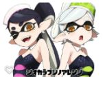  2girls accio aori_(splatoon) artist_request bare_shoulders black_hair check_artist collar domino_mask earrings hair_ornament hotaru_(splatoon) jewelry looking_at_viewer lowres mask mole mole_under_eye multiple_girls open_mouth source_request splatoon_(series) translation_request upper_body white_hair yellow_eyes 