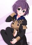  1girl absurdres arm_behind_head bernadetta_von_varley black_legwear breasts fire_emblem fire_emblem:_three_houses garreg_mach_monastery_uniform grey_eyes highres long_sleeves open_mouth purple_hair short_hair simple_background smile solo thigh-highs totallyiryanic uniform white_background 