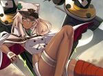  1girl bandaged_leg bandages cape clover dark-skinned_female dark_skin fingerless_gloves floating floating_object floating_sword floating_weapon four-leaf_clover gloves guilty_gear guilty_gear_strive leg_up long_hair looking_to_the_side midriff orange_eyes platinum_blonde_hair ramlethal_valentine short_shorts shorts sitting sword takanashi-a thigh_strap weapon white_headwear yellow_eyes 