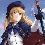  1girl artoria_pendragon_(all) artoria_pendragon_(caster) bangs black_gloves blonde_hair blue_headwear blue_sky breasts buttons capelet closed_mouth dress fate/grand_order fate_(series) gloves green_eyes highres holding holding_staff kouzuki_kei long_hair long_sleeves multicolored_capelet sky small_breasts staff twintails white_dress 