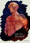  1boy abs bangs bara beowulf_(fate/grand_order) blonde_hair breaking chest cropped_torso facial_hair fate/grand_order fate_(series) gem goatee male_focus manly muscle nipples pectorals red_eyes scar shirtless solo tattoo upper_body yamanome 