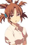  1girl brown_eyes brown_hair collared_shirt copyright_request hair_bobbles hair_ornament hair_tie looking_at_viewer parted_lips puffy_short_sleeves puffy_sleeves shirt short_hair short_sleeves simple_background solo tasaka_shinnosuke upper_body white_background white_shirt wing_collar 