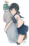  1girl absurdres black_hair black_legwear blue_skirt blush_stickers bottle closed_mouth fubuki_(kantai_collection) green_eyes highres hug kantai_collection kneehighs kneeling ma_rukan object_hug oversized_object pleated_skirt ramune school_uniform serafuku short_hair short_ponytail short_sleeves signature simple_background skirt smile solo white_background 