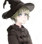  1girl blonde_hair blue_eyes blush brown_coat brown_headwear closed_mouth coat diva_(hyxpk) hat highres looking_at_viewer mole mole_under_eye original short_hair simple_background solo upper_body white_background witch_hat 