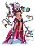  1girl adeptus_mechanicus asymmetrical_clothes breasts english_commentary expressionless extra_arms full_body gun handgun highres hood hood_up looking_at_viewer mechanical_arm navel prosthesis prosthetic_arm shiny shiny_skin small_breasts solo sydus tube violet_eyes warhammer_40k weapon white_background white_hair 