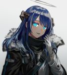  1girl arknights bangs black_jacket blue_eyes blue_hair blue_tongue dragon_horns fur-trimmed_jacket fur_trim gloves hair_between_eyes halo horns jacket long_hair long_sleeves looking_at_viewer mostima_(arknights) open_clothes open_mouth shirt silence_girl smile solo upper_body white_shirt 