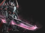  absurdres black_background english_commentary extra_eyes glowing glowing_eyes highres holding holding_sword holding_weapon horns looking_at_viewer mecha no_humans open_hand original red_eyes simple_background solo sword takuan_(a_mood_home) weapon 