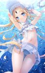  1girl abigail_williams_(fate/grand_order) abigail_williams_(swimsuit) bangs bare_shoulders bikini blonde_hair blue_eyes bonnet bow braid breasts fate/grand_order fate_(series) forehead hair_bow hair_rings highres keyhole long_hair navel parted_bangs sidelocks small_breasts swimsuit twin_braids twintails white_bikini white_bow white_headwear yano_mitsuki 