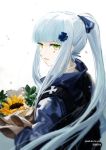  1girl absurdres bangs blue_hair bouquet dated english_text eyebrows_visible_through_hair flower girls_frontline green_eyes hair_between_eyes hair_ribbon highres hk416_(girls_frontline) long_hair looking_at_viewer military military_jacket military_uniform mush open_mouth ponytail ribbon snowflakes solo uniform white_background 