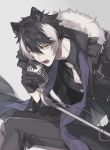  1boy animal_ears black_coat black_gloves black_hair buttons coat fangs fur_trim gloves holding holding_microphone holostars jackal_ears jacket kageyama_shien long_sleeves looking_at_viewer male_focus microphone multicolored_hair music necktie nr_hlst open_mouth purple_scarf scarf short_hair simple_background singing solo standing streaked_hair upper_body virtual_youtuber white_hair white_neckwear yellow_eyes zipper 