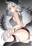  1girl absurdres ahoge arknights artist_name ass bangs bare_arms bare_shoulders black_legwear breasts commentary highres hood large_tail long_hair looking_at_viewer medium_breasts parted_lips pointy_ears shao_(shaorouhong) silver_hair sleeveless solo tail thick_thighs thigh-highs thighs tomimi_(arknights) yellow_eyes 