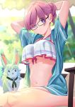  1girl 2020 animal arms_up artist_name bikini blurry blurry_background breasts commentary_request dated day eyebrows_visible_through_hair eyes_visible_through_hair fate/grand_order fate_(series) fou_(fate/grand_order) glasses highres looking_at_viewer mash_kyrielight midriff outdoors pink_hair poligon_(046) ponytail see-through sitting solo stomach swimsuit twitter_username under_boob violet_eyes watermark 