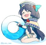  1girl ^_^ bikini black_hair capelet chibi chinese_clothes closed_eyes dan_fei gradient hair_ornament hat holding innertube long_hair navel open_mouth side-tie_bikini sitting smile solo swimsuit thigh_strap thunderbolt_fantasy twitter_username zako_nee 