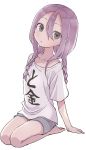 1girl absurdres bangs barefoot braid clothes_writing collarbone commentary_request grey_eyes grey_shorts hair_between_eyes hair_over_shoulder highres long_hair looking_at_viewer parted_bangs parted_lips purple_hair seiza shirt short_shorts short_sleeves shorts shougi_no_yatsu simple_background sitting solo translation_request twin_braids white_background white_shirt yamamoto_souichirou yaotome_urushi 
