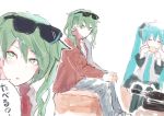 2girls aqua_hair aqua_neckwear bare_shoulders black_sleeves closed_eyes commentary denim detached_sleeves dual_persona eating food green_eyes green_hair grey_shirt hair_ornament hatsune_miku holding holding_food jacket jeans kaimo_(mi6kai) long_hair looking_at_viewer multiple_girls necktie pants portable_stove red_jacket shirt sitting sleeveless sleeveless_shirt stove suna_no_wakusei_(vocaloid) translated twintails very_long_hair vocaloid white_background white_shirt 