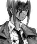  1girl bangs black_jacket black_neckwear blood blood_on_face braid braided_ponytail business_suit chainsaw_man collared_shirt expressionless eyebrows formal greyscale highres jacket looking_to_the_side makima_(chainsaw_man) medium_hair monochrome necktie neckwear ra_g0m ringed_eyes shirt simple_background suit upper_body white_background white_shirt 