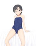  1girl absurdres ass_visible_through_thighs bangs black_eyes black_hair blue_swimsuit breasts highres looking_at_viewer one-piece_swimsuit original parted_bangs sc_naru school_swimsuit short_hair sitting small_breasts solo sweatdrop swimsuit 