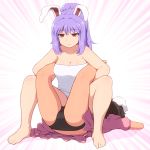  animal_ears backbreaker barefoot black_hair black_panties boston_crab commentary dress emphasis_lines eyebrows_visible_through_hair frown hair_up inaba_tewi long_hair naked_towel panties pink_dress ponytail purple_hair rabbit_ears red_eyes reisen_udongein_inaba shirosato short_sleeves simple_background sitting sitting_on_person touhou towel underwear white_background wrestling 