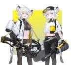  2girls absurdres animal_ears arrow_(projectile) bangs baseball_bat baseball_cap belt black_legwear blunt_bangs border bow_(weapon) breasts cow_ears cow_tail crop_top crossbow crossbow_bolts earrings gradient gradient_background hair_ornament hairclip hat highres huge_filesize jacket jewelry kasagarasu looking_at_viewer medium_breasts midriff multiple_girls navel one_eye_closed open_clothes open_jacket open_mouth original red_eyes short_shorts shorts sleeves_past_wrists tail thigh-highs weapon white_border white_hair 