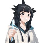  artemis_of_the_blue atelier_live black_hair fikkyun highres holding indie_virtual_youtuber looking_at_viewer ponytail shark_fin sharp_teeth suteinua teeth toothbrush virtual_youtuber white_background 