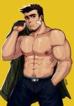  1boy abs bara beard body_hair brown_hair chest chest_hair facial_hair gyakuten_saiban highres itonokogiri_keisuke looking_at_viewer male_focus manly muscle nipples pectorals ruslorc shirtless simple_background solo thighs upper_body 