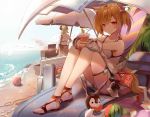  2girls absurdres ahoge amiya_(arknights) animal_ears arknights bangs bare_legs bare_shoulders beach_umbrella bikini blonde_hair chinese_commentary commentary_request cup drinking_glass drinking_straw food fruit grill highres holding holding_cup horns ifrit_(arknights) knees_up looking_at_viewer multiple_girls red_eyes river_(river15221728798) sandals short_hair sora_(arknights) swimsuit thighs twintails umbrella watermelon white_bikini wolf_ears 