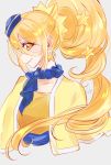  1girl bangs blonde_hair blue_headwear collarbone cropped_torso cure_etoile dress earrings eyebrows_visible_through_hair floating_hair grey_background hair_between_eyes hair_ornament hat high_ponytail highres hugtto!_precure jewelry long_hair mini_hat orange_dress precure shiny shiny_hair shipu_(gassyumaron) solo star_(symbol) star_earrings star_hair_ornament very_long_hair yellow_capelet yellow_eyes 