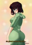  1990s_(style) 1girl absurdres akkasayu artist_name ass bangs black_eyes blurry blush breasts brown_hair chromatic_aberration commission english_text film_grain green_hoodie highres hood hoodie hoodie_dress impossible_clothes looking_back medium_breasts open_mouth original solo v-shaped_eyebrows watermark 