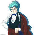  1boy arm_behind_back blue_eyes blue_hair cosplay hand_on_hip haran_banjou hgoyan highres looking_to_the_side muteki_koujin_daitarn_3 off-shoulder_jacket solo waiter 