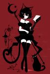  1girl animal_ears artist_name bangs bare_shoulders black_gloves black_hair black_legwear book cat_ears cat_tail commentary crossed_legs full_body gloves hand_up highres holding holding_book looking_at_viewer off_shoulder original puffy_short_sleeves puffy_sleeves red_background red_eyes sheya short_hair short_sleeves signature single_glove solo standing symbol_commentary tail thigh-highs watson_cross 
