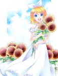  1girl asagi_(seal47) bangs blonde_hair blue_eyes bow commentary day dress feet_out_of_frame field flower flower_field hair_bow hair_ornament hairclip holding holding_flower kagamine_rin looking_at_viewer open_mouth outdoors short_hair smile solo spaghetti_strap standing sundress sunflower swept_bangs vocaloid white_bow white_dress 