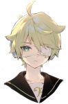  1boy aqua_eyes bass_clef black_collar blonde_hair collar commentary cropped_shoulders expressionless eyepatch half-closed_eyes headphones kagamine_len looking_at_viewer male_focus naoko_(naonocoto) portrait sailor_collar spiky_hair vocaloid white_background 